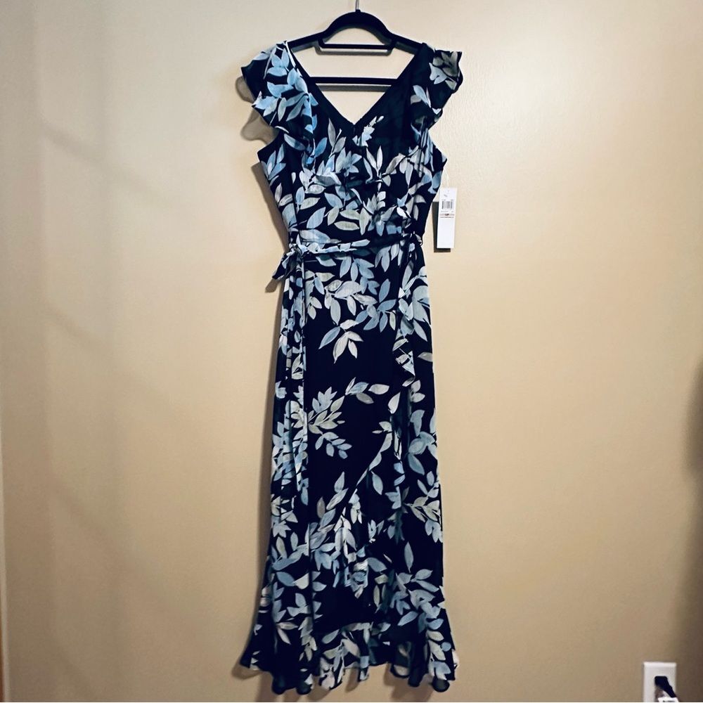 London Times 12P Blue Floral Chiffon Ruffle Wrap Midi Dress Sage PETITE NWT